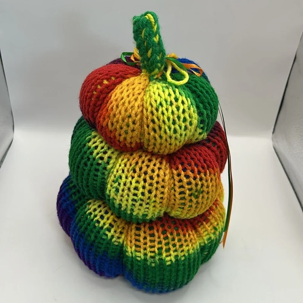 Colorful Rainbow Knit Pumpkin Stack